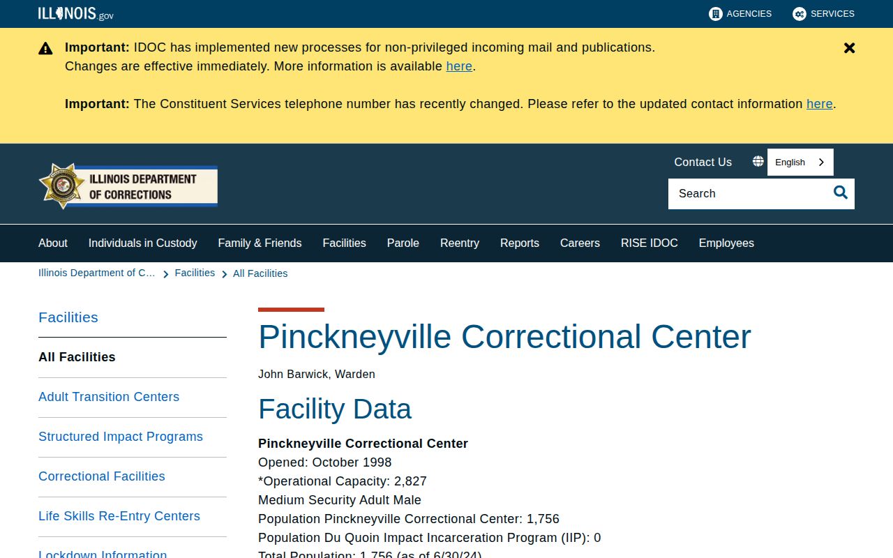 Pinckneyville Correctional Center IDOC release and facility information